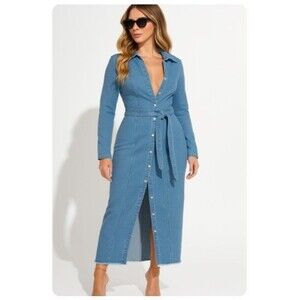 Fashion Nova Alyana Denim Maxi Dress Button Front Medium Wash Womens Size 1X